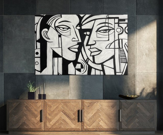 モダンで大きな抽象的キュービズムの白黒顔アート大胆な肖像画幾何学