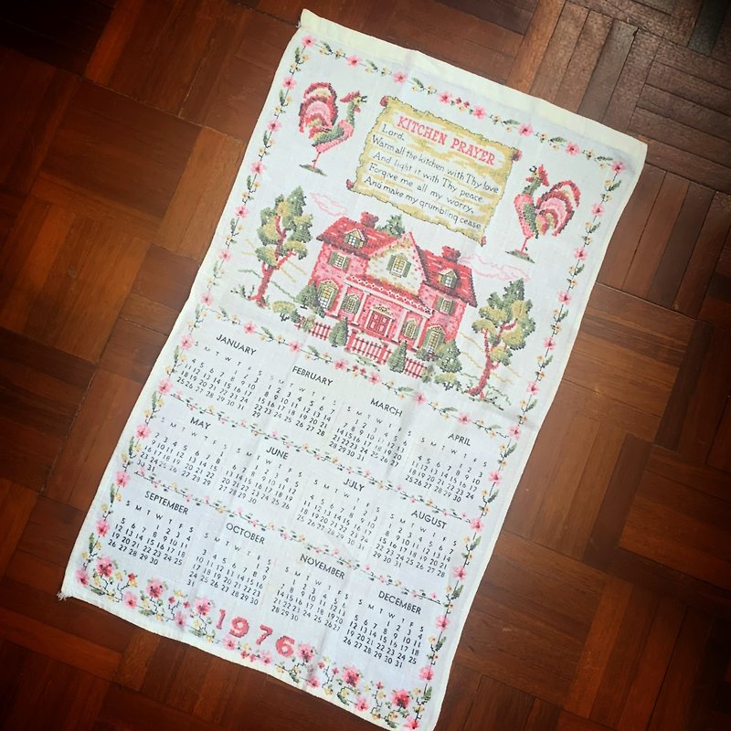 1976 early American canvas calendar kitchen prayer - ตกแต่งผนัง - ผ้าฝ้าย/ผ้าลินิน สีแดง