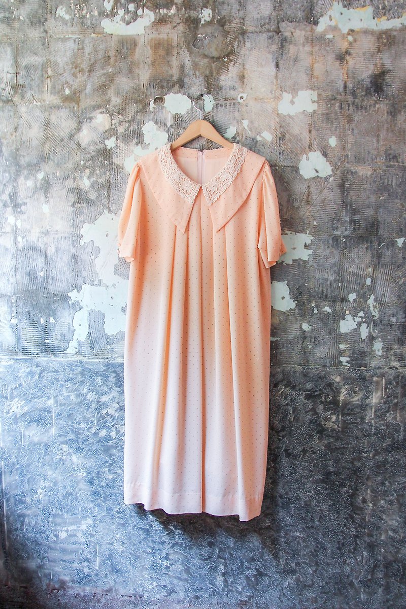 裊裊百貨公司-Vintage 粉橘色精緻蕾絲領短袖洋裝 復古著 - 連身裙 - 聚酯纖維 