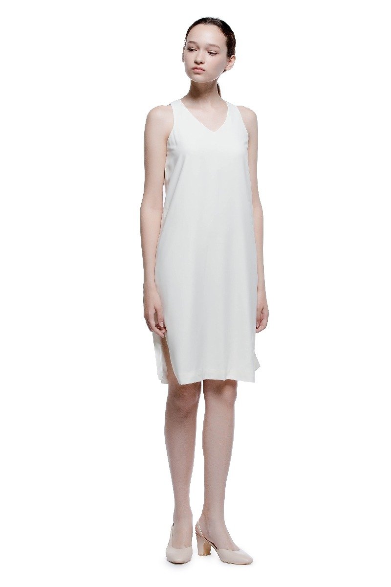 白色V領無袖中裙 - 裙子/長裙 - 聚酯纖維 白色