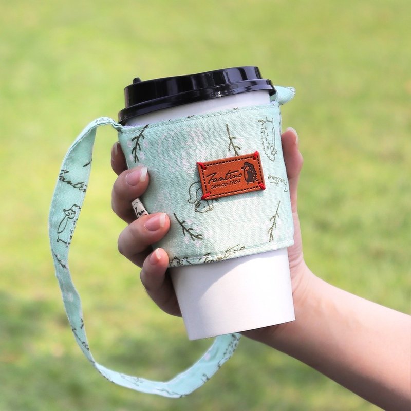 雙層隔熱環保飲料杯套(森林萬花筒)薄荷綠/交換禮物/畢業季 - 飲料提袋/杯套 - 棉．麻 綠色