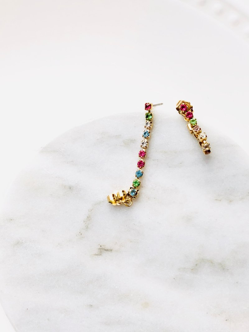 Vintage Rainbow Crystal Chain Earrings - 耳環/耳夾/耳骨夾 - 貴金屬 金色