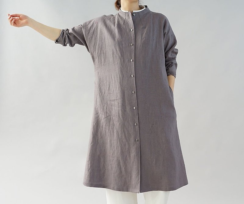 wafu  Linen dress / long sleeve shirt / stand collar / smoky-leaf a48-24 - One Piece Dresses - Cotton & Hemp Gray