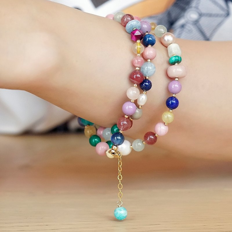 Duobao three-ring bracelet is not available VISHI original handmade US 14K gold-plated natural crystal gemstone beads - สร้อยข้อมือ - วัสดุอื่นๆ 