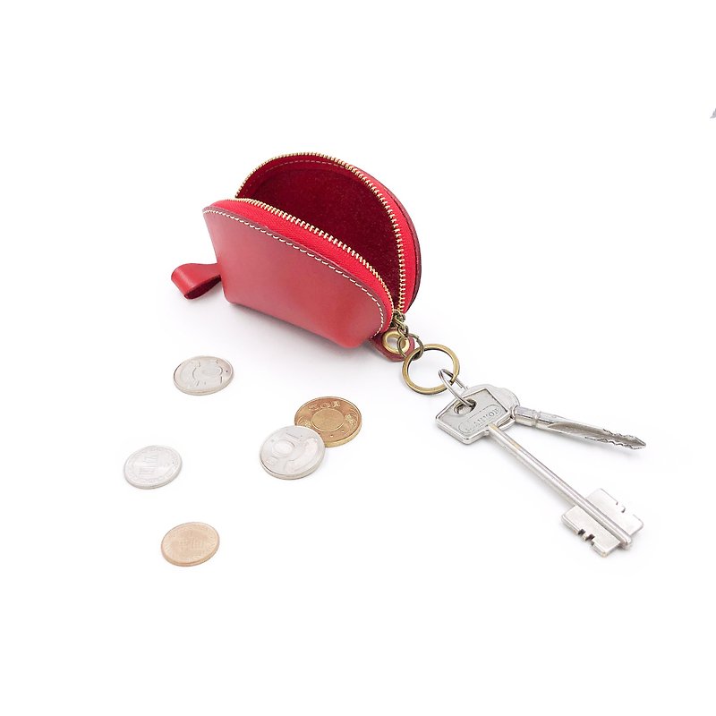 手工植鞣皮革-貝殼零錢包 leather wallet - 散紙包 - 真皮 紅色