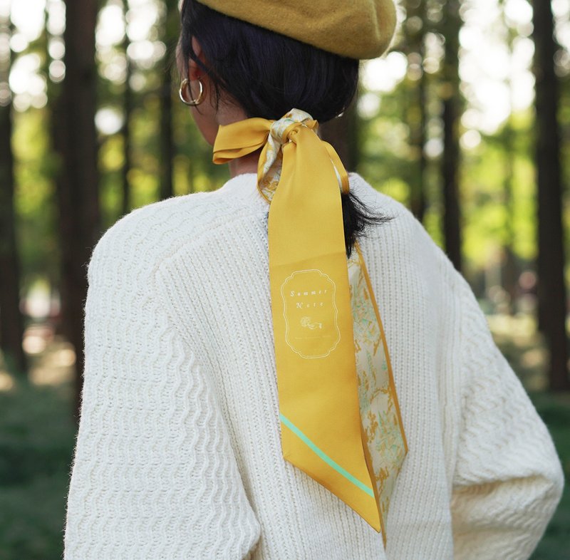 SummerNote 真絲法式SummerBee插畫原創印花長窄絲巾絲帶綁包帶 - 絲巾 - 絲．絹 橘色