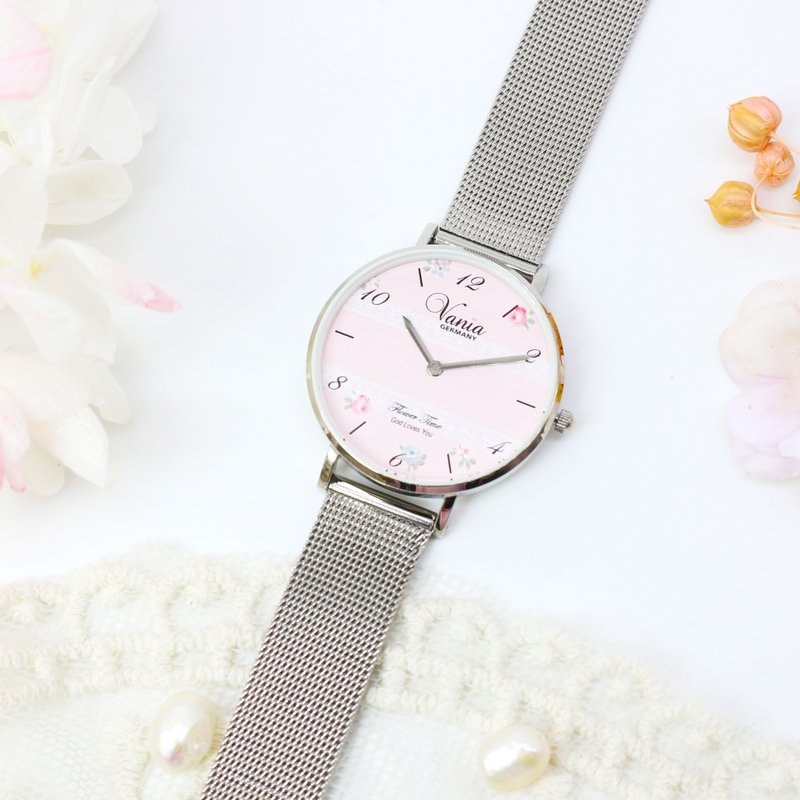 Pink lace Lady Watch flower oil painting, Stainless steel case with mesh band - Women's Watches - Stainless Steel Silver