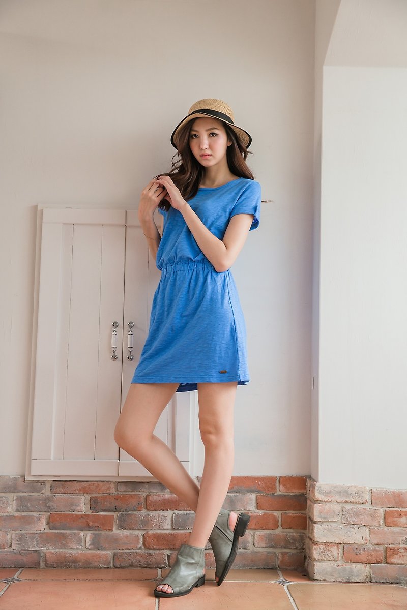 Slim Slim Cotton Casual Dress - Sky Blue - ชุดเดรส - ผ้าฝ้าย/ผ้าลินิน สีน้ำเงิน