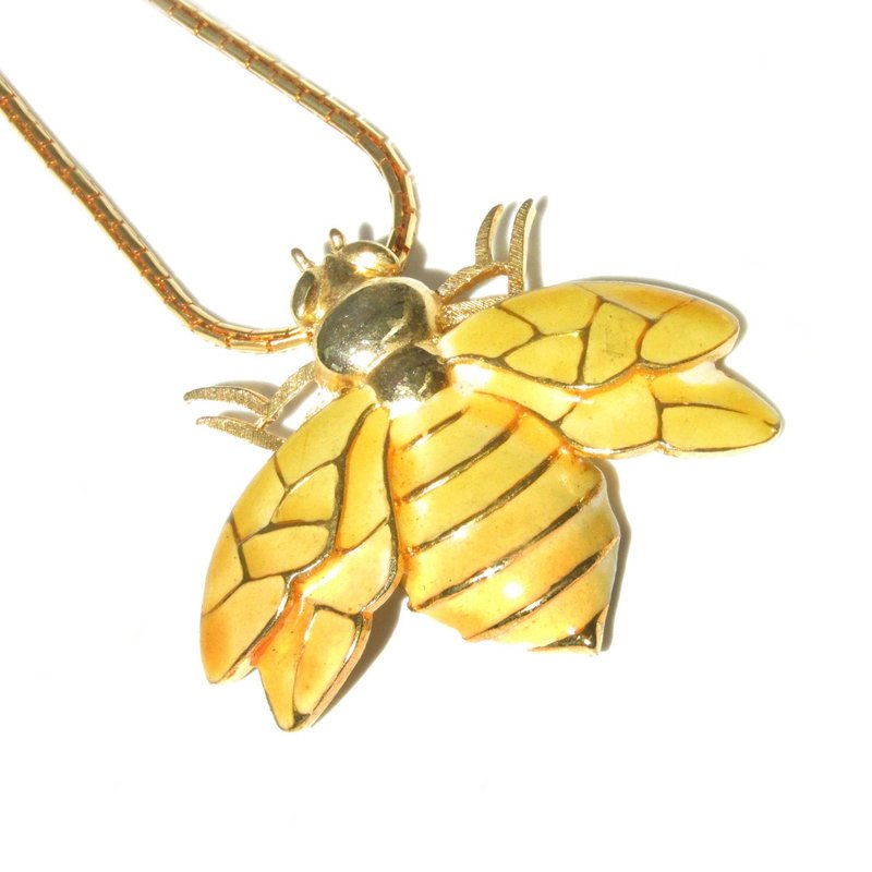 70s Vintage bee motif enamel necklace - สร้อยคอ - โลหะ สีเหลือง