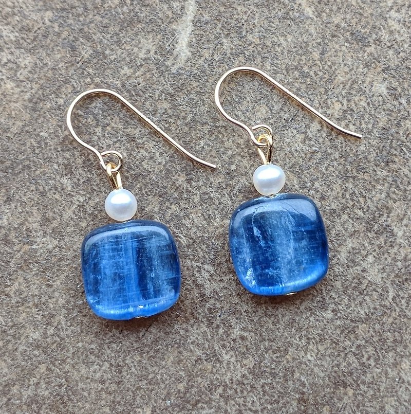 方型藍晶石珍珠耳環 - 耳環/耳夾 - 寶石 藍色