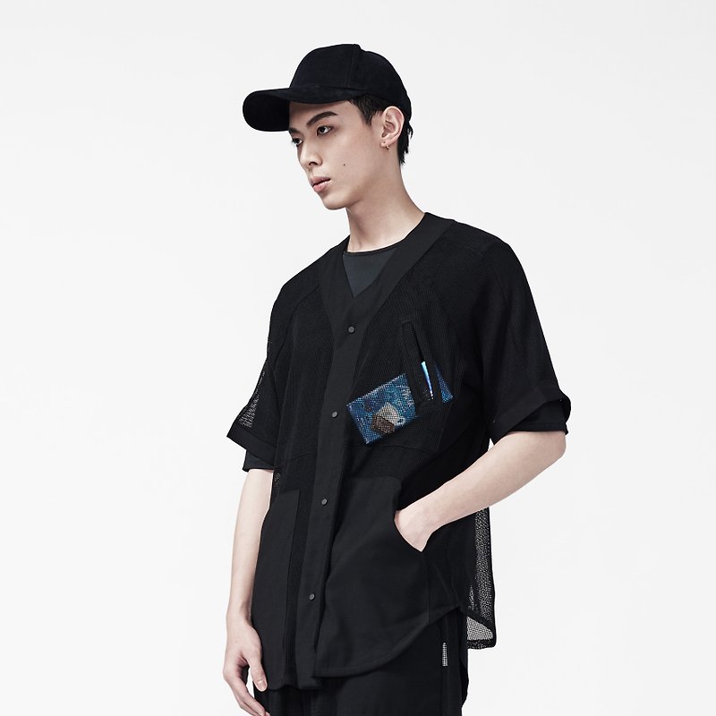 TRAN - 棉網格棒球機能外套 - 男 T 恤 - 聚酯纖維 黑色