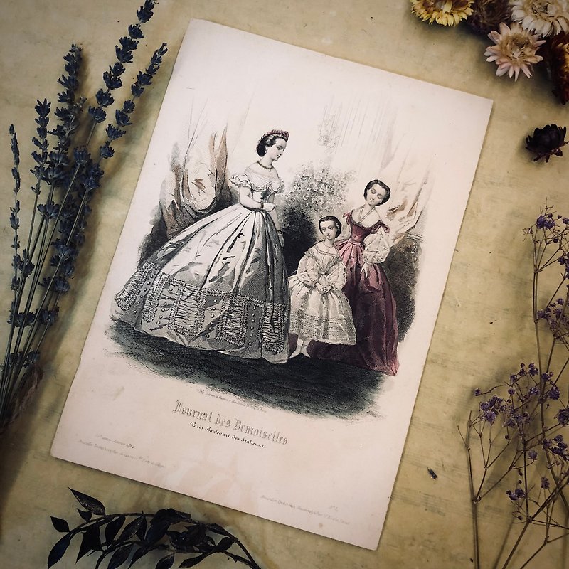 French century-old hand-colored 19th-century fashion prints - อื่นๆ - กระดาษ สีกากี