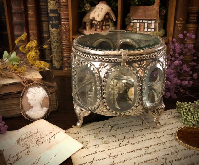 ローズ柄ベベルガラスジュエリーボックス　アクセサリーケース　フランスアンティーク ローズ柄ベベルガラスジュエリーボックス アクセサリーケース フランス