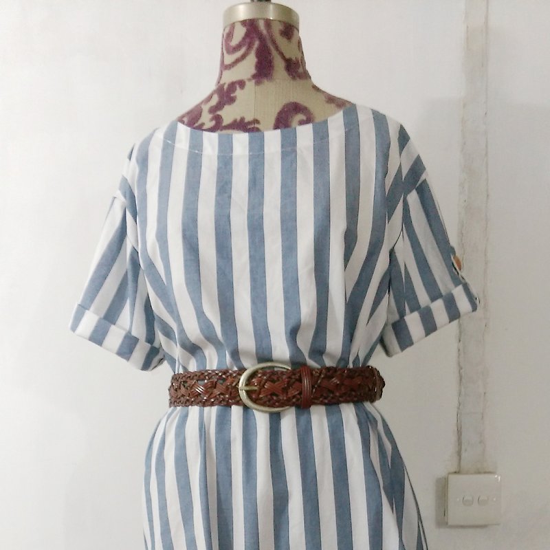 自然風藍白條紋長洋 (只有一件) - 洋裝/連身裙 - 棉．麻 藍色
