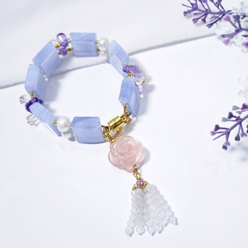 パープルローズクォーツ クンツァイト ブルーレースアゲート 水晶 ブレスレット 最高級ブルーアゲートスターライトローズクォーツパープルブルー