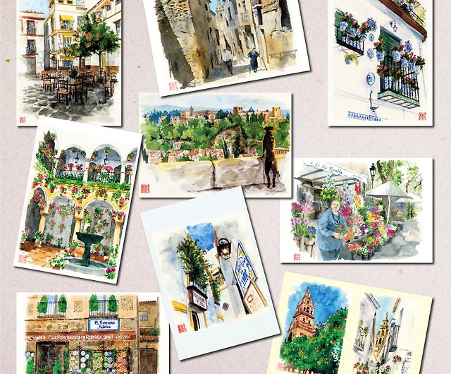 水彩画ポストカード9枚セット スペインの風景 - ショップ ~atelier Le