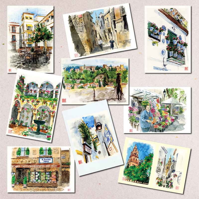 水彩画ポストカード9枚セット　スペインの風景 - 心意卡/卡片 - 紙 
