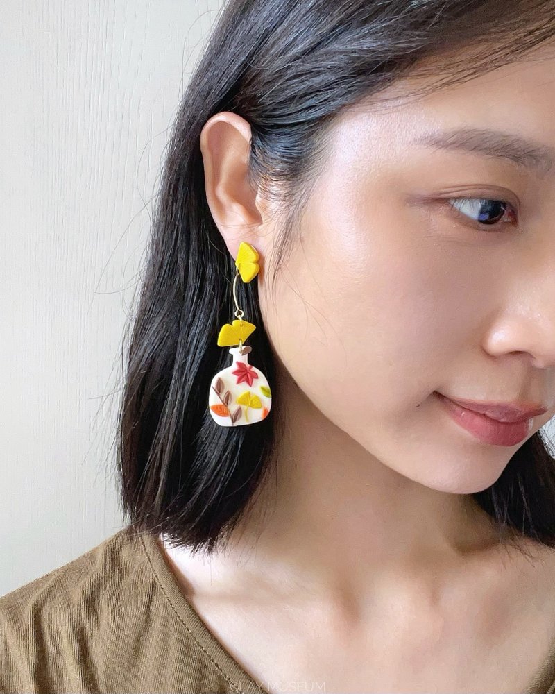 Ginkgo branch and maple leaf vase polymer earrings - ต่างหู - วัสดุอื่นๆ 