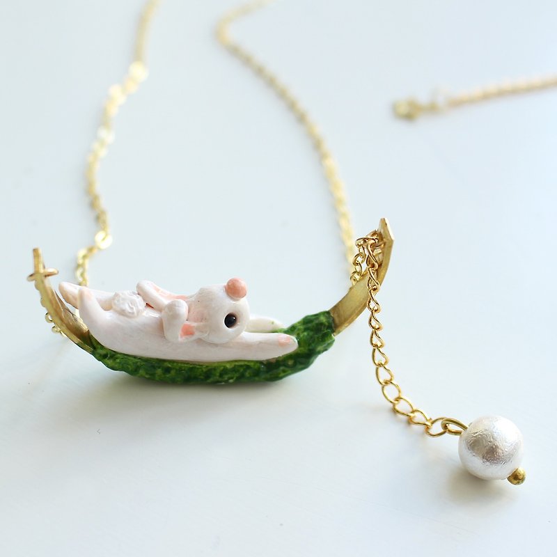 Rabbit necklace - polymer clay handmade necklace - Necklaces - Pottery White