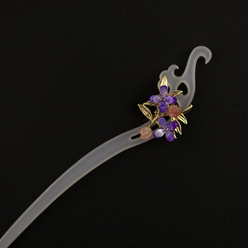 Handmade butterfly golden branch copper gold hair stick flower hair stick purple - เครื่องประดับผม - เรซิน สีม่วง