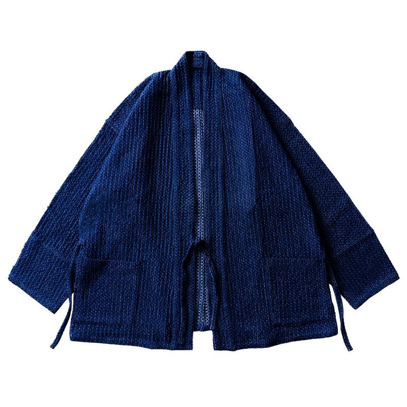 S-CrestTaiwan | Japanese-Style Handmade Kimono Jacket: Indigo Blue - เสื้อโค้ทผู้ชาย - ผ้าฝ้าย/ผ้าลินิน สีน้ำเงิน