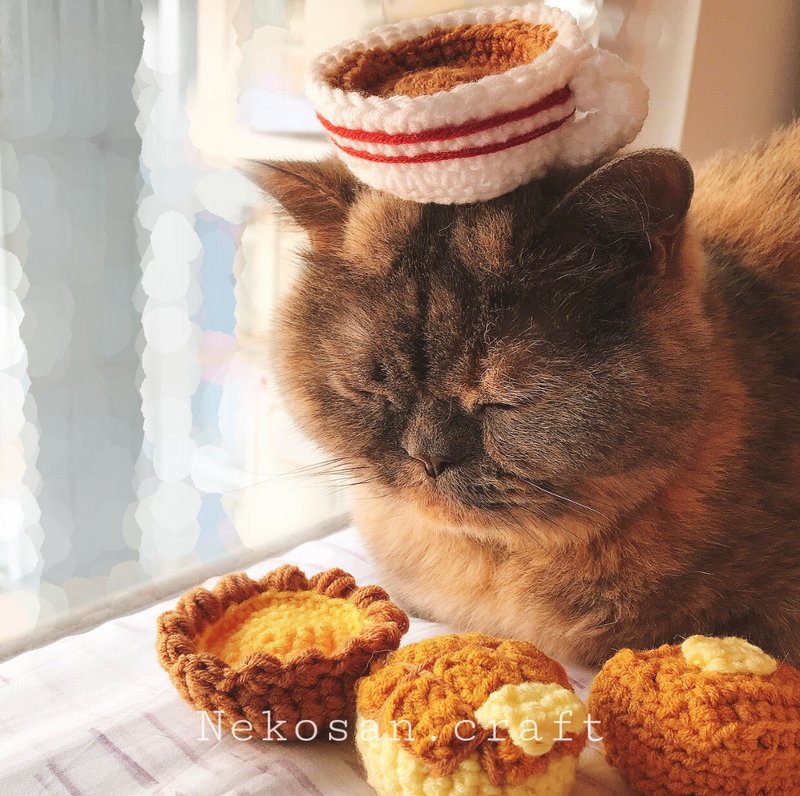 Hong Kong tea restaurant series pet headdress pineapple oil, milk tea, western toast, egg tart hat - ชุดสัตว์เลี้ยง - ผ้าฝ้าย/ผ้าลินิน 