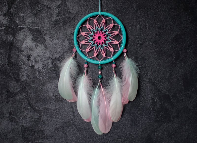 Floral mandala dreamcatcher pink with mint dreamcatcher, ドリームキャッチャー, นักล่าฝัน - 壁貼/牆壁裝飾 - 繡線 粉紅色