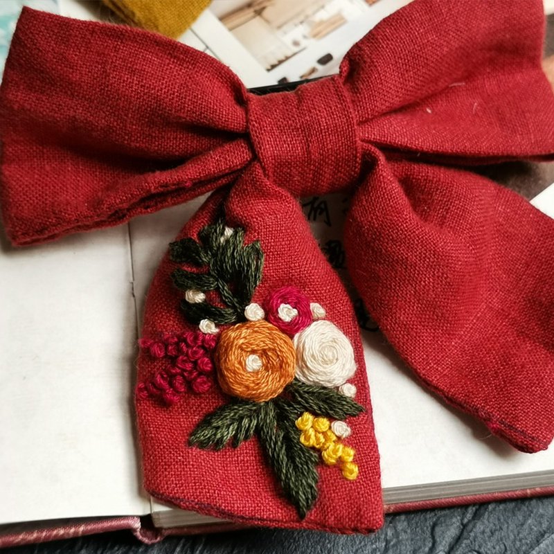 Original design embroidery handmade self-embroidered beginner children's bow hairpin diy material package hand-made gifts - Knitting, Embroidery, Felted Wool & Sewing - Cotton & Hemp Red