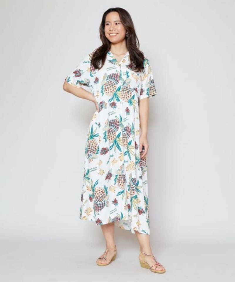 [Popular pre-order] Retro hand-painted illustration Hawaiian short-sleeved long shirt dress (3 colors) 4CH-4209 - ชุดเดรส - วัสดุอื่นๆ 