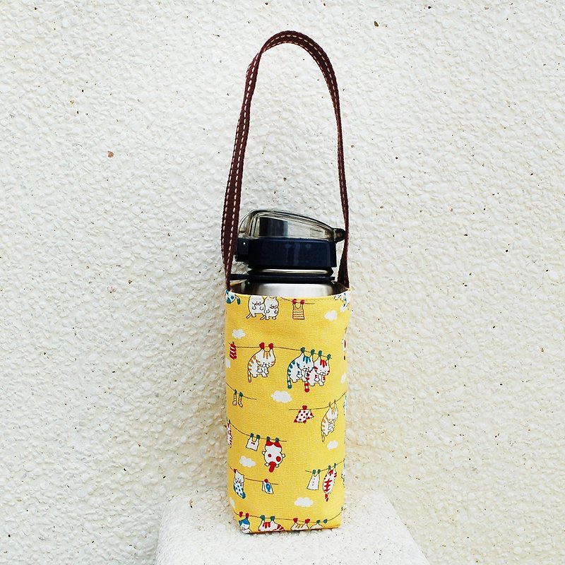 Cat sunbathing water bottle bag - ถุงใส่กระติกนำ้ - ผ้าฝ้าย/ผ้าลินิน สีเหลือง