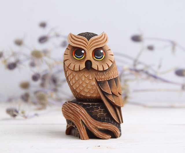 Wooden Owl Sculpture Wood Carving Owl Figurine Wood Art by Linden