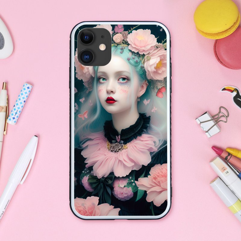 Gothic clothes, pastel green hair, flower lover and butterflies, dreamy cute girl smartphone case [tempered glass finish] iPhone 16 compatible - เคส/ซองมือถือ - พลาสติก หลากหลายสี