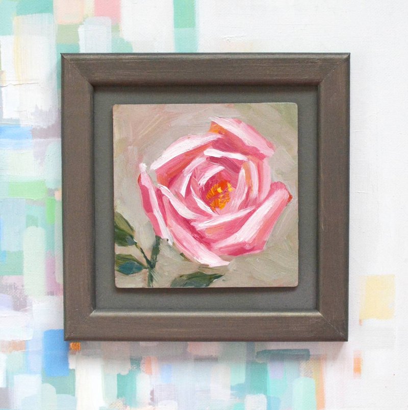 Original Oil Painting Modern Art Light Pink Roses 16x16cm Pink Pearl - Illustration, Painting & Calligraphy - Other Materials Pink