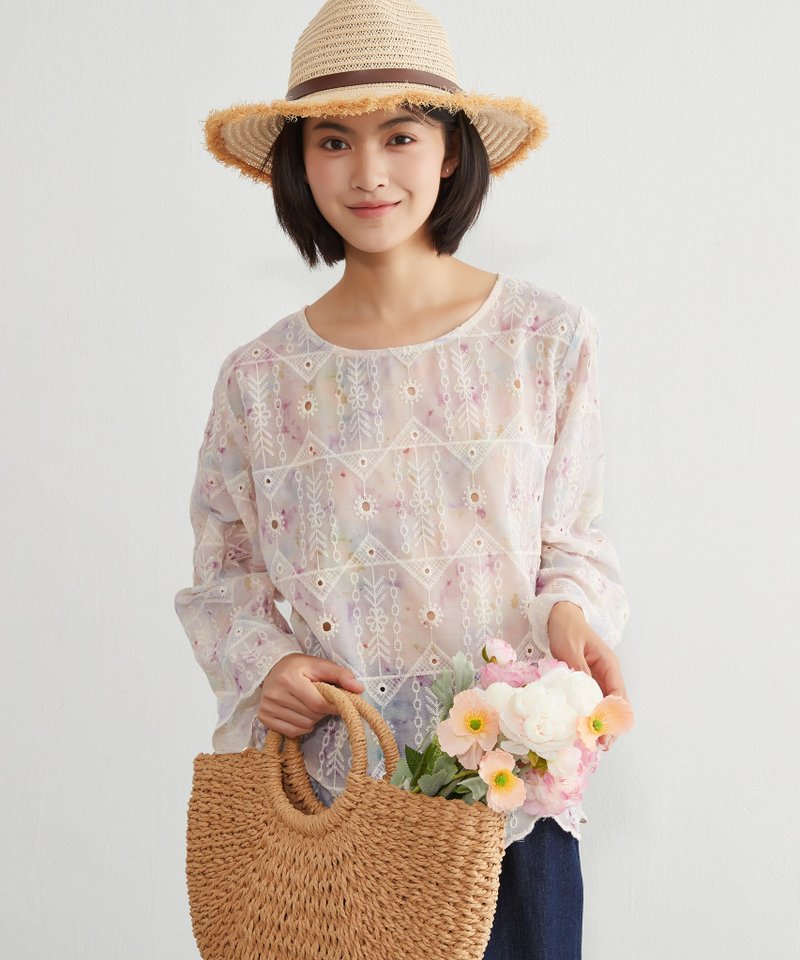 むら染めスカラップ刺繍長袖ラウンドネックブラウス - 女襯衫 - 聚酯纖維 紫色