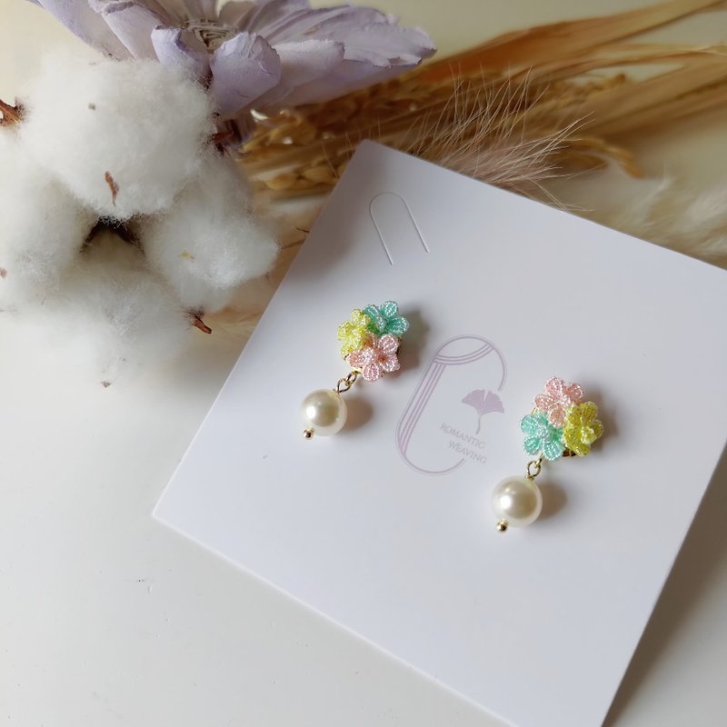 Blossom Series Braided Earrings/Macaron Flower Holder (Pure Silver Earring Style) - ต่างหู - ไฟเบอร์อื่นๆ 