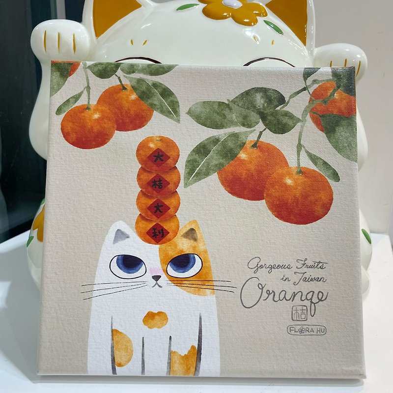 Orange kitty | 20*20  frameless painting - โปสเตอร์ - ผ้าฝ้าย/ผ้าลินิน สีกากี