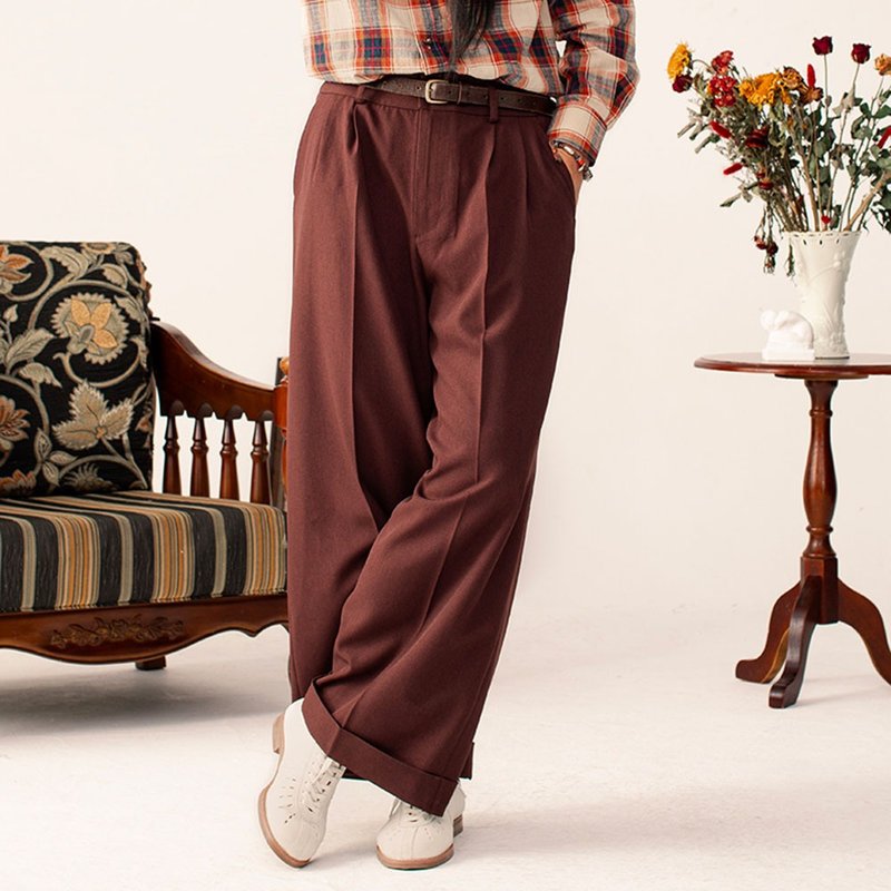 SOARIN British retro plain straight wide pants (243TF190) - กางเกงขายาว - ผ้าฝ้าย/ผ้าลินิน สีนำ้ตาล