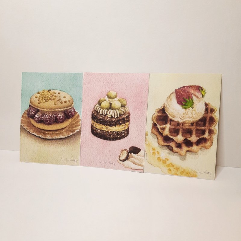 Eat not fat dessert original watercolor illustration postcard card - การ์ด/โปสการ์ด - กระดาษ หลากหลายสี