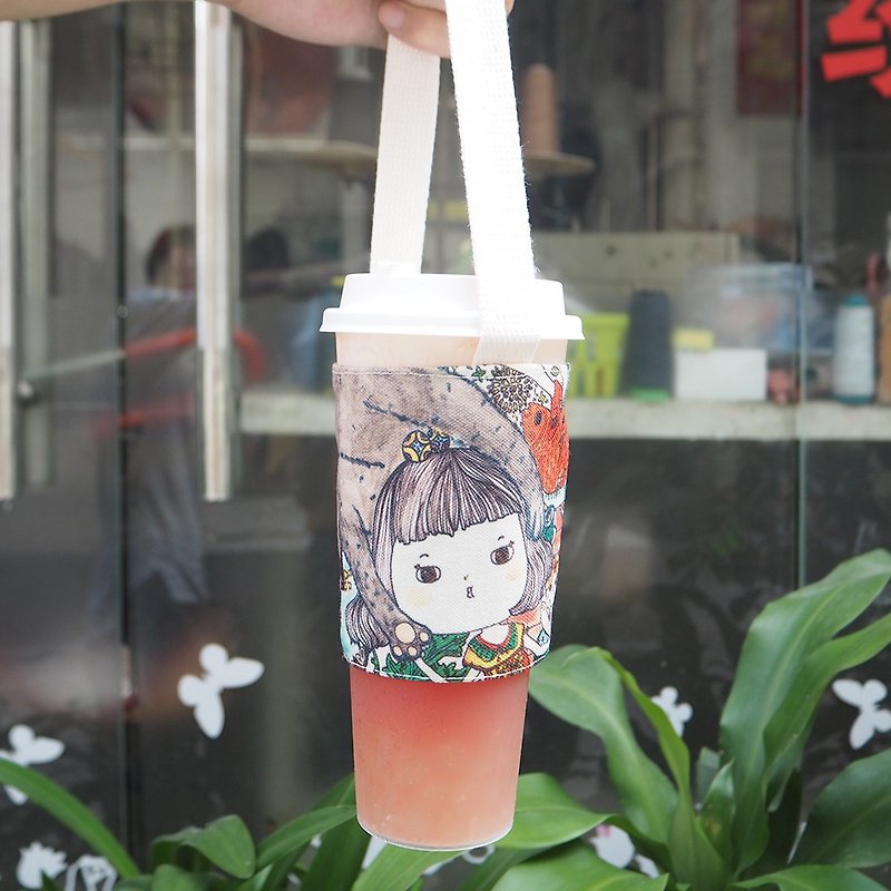 Handmade illustration of your own design cloth drink cup set - Beverage Holders & Bags - Cotton & Hemp Orange