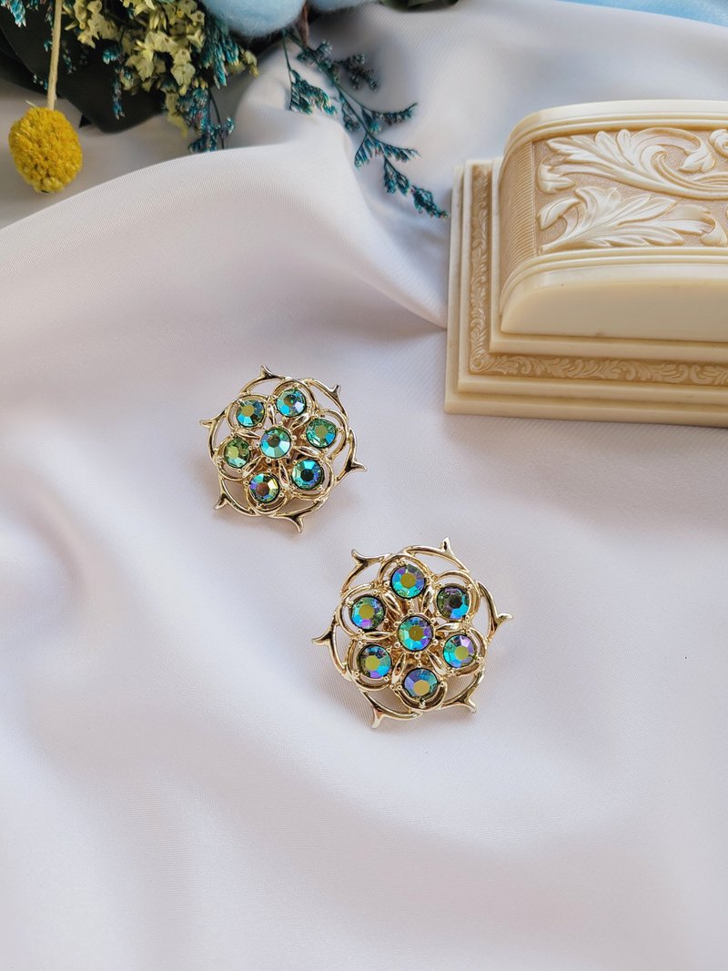 美國西洋古董飾品 / SARAH COV LIME LIGHT北極光萊茵AB RHINESTONES夾式耳環 - 耳環/耳夾/耳骨夾 - 其他金屬 