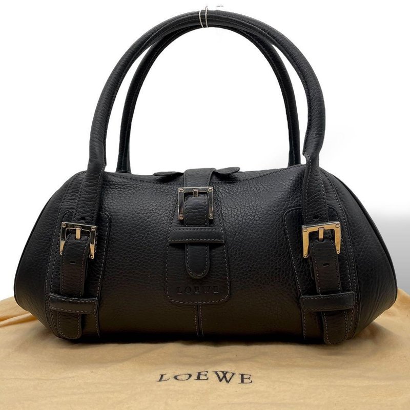 Rare second-hand Loewe Senda black double-button leather embossed handbag small bowling barrel bag - Messenger Bags & Sling Bags - Genuine Leather Black