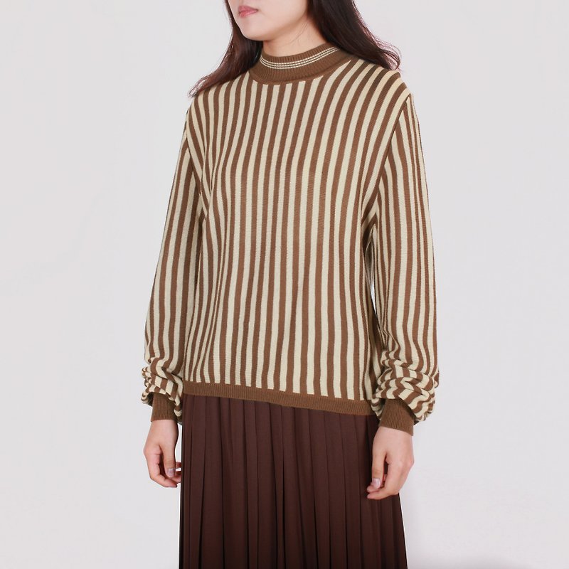 [Egg Plant Vintage] Coco Striped Knit Vintage Top - Women's Tops - Wool Brown