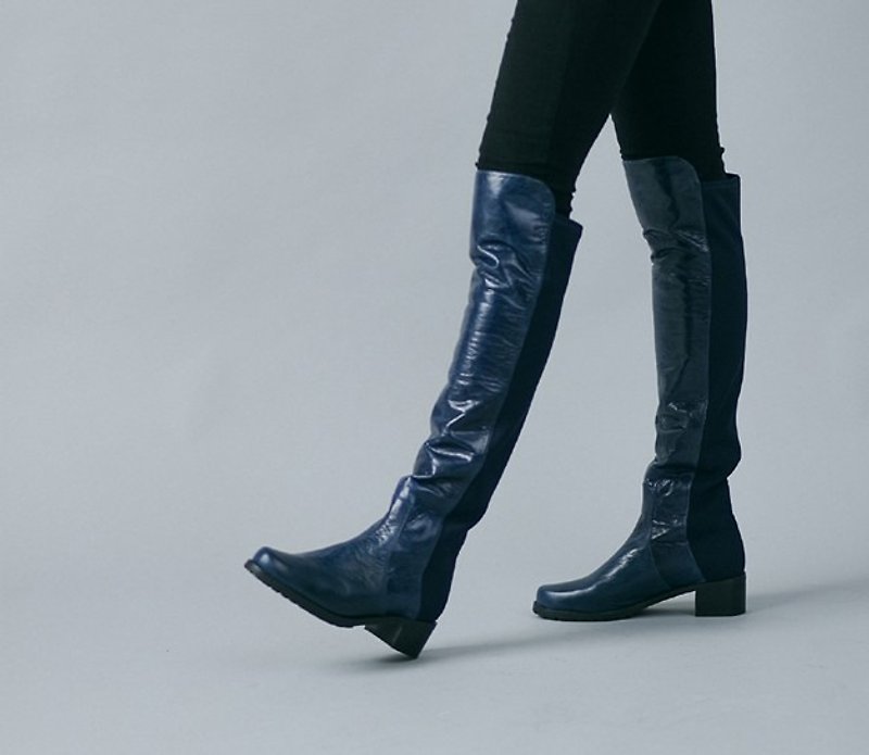 High-degree stretch elastic bandage half knee leather boots blue - รองเท้าบูทยาวผู้หญิง - หนังแท้ สีน้ำเงิน
