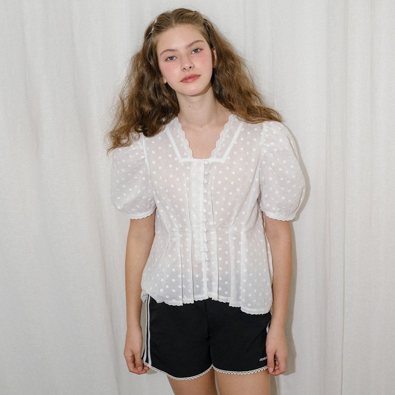 Flower-Dot Square Blouse - Women's Tops - Other Materials White