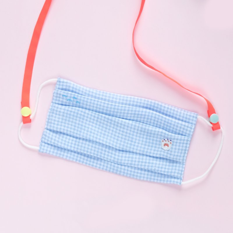 Blue Checkered Linen Mask with Strap - Hand Embroidered Cat Paw