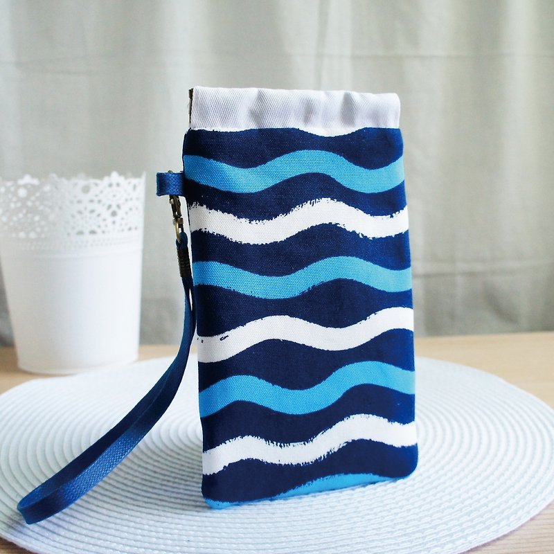 Lovely [Japanese cloth] blue ripple mobile phone bag, pencil case, glasses bag, 5.5 inch mobile phone available - Phone Cases - Cotton & Hemp Blue