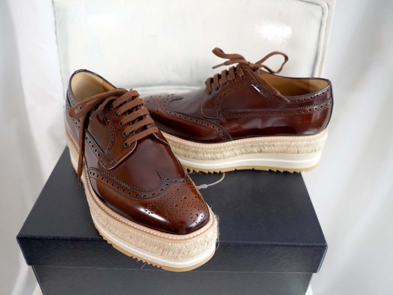 No. 38.5 shoes PRADA brown genuine cowhide Oxford shoes leather shoes sailing shoes gentleman's shoes Italian luxury brand - Men's Oxford Shoes - Genuine Leather Brown