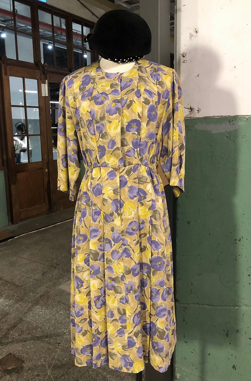 Yellow and Purple Flower Textured Dress/Brought back to VINTAGE from abroad - One Piece Dresses - Polyester Yellow