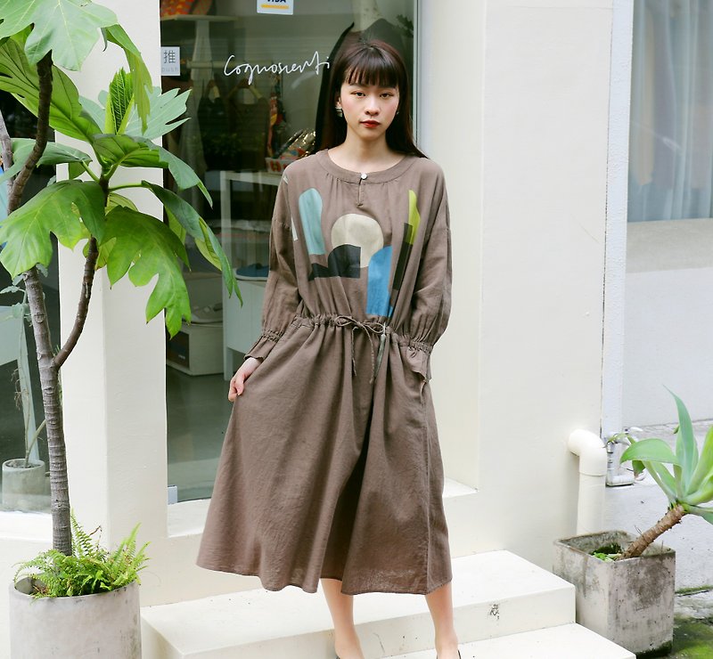 Cognoscenti coffee long dress / autumn / winter / hand-printed / color block - One Piece Dresses - Cotton & Hemp Brown
