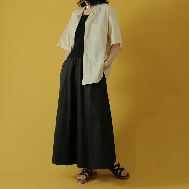 Summer Cotton Elastic Waist Minimalist Long Skirt - Black - กระโปรง - ผ้าฝ้าย/ผ้าลินิน สีดำ